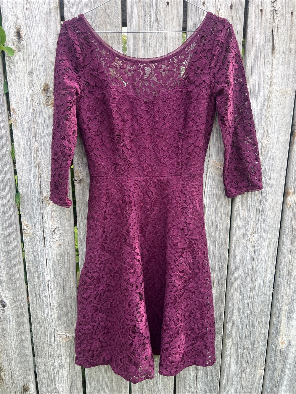White House Black Market Wine Lace Long Sleeve Fit & Flare Dress